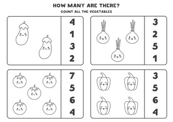 Counting game with cute kawaii vegetables. Math worksheet.