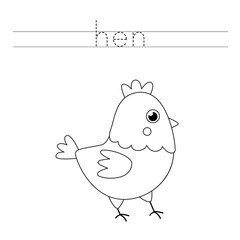 Tracing letters with black and white hen. Writing practice for kids.
