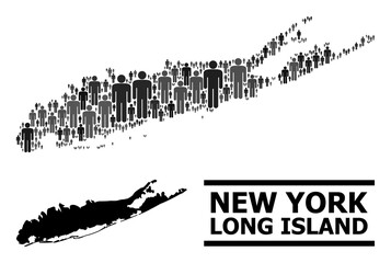Map of Long Island for national promotion. Vector demographics mosaic. Concept map of Long Island composed of men pictograms. Demographic concept in dark gray color shades.