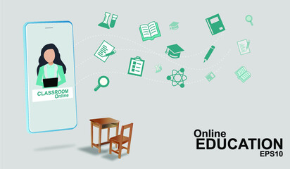 Online education EPS10 vector illustration. Modern online education concept via smartphone or social media.