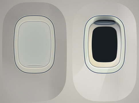 Set of vector realistic empty aircraft windows with curtains in different positions and blank copyspace inside. Mockup for your design