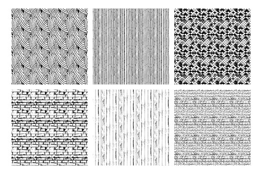 Set of monochrome pattern texture background. Black and white vector template. Simple graphic design. Trace textures of bamboo, tiles, wood planks, bricks, stone, walls. Illustration isolated white