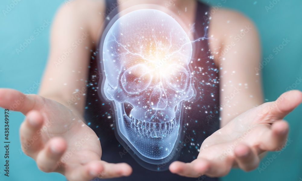 Poster Woman using digital x-ray skull holographic scan projection 3D rendering