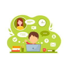 Boy studying with laptop and books. Back to school, online education. Vector illustration in flat style © Alina