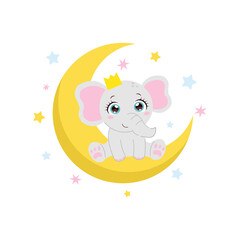 Cute baby elephant sitting on the moon. Newborn animal illustration. Flat vector cartoon design