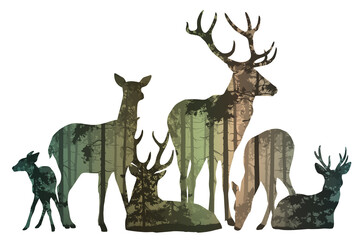 Silhouette of a family of deer. Inside there is a pine forest. Vector illustration, isolated object 