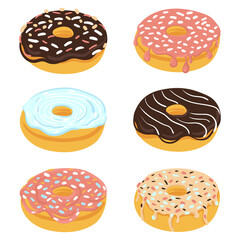 A set of glazed donuts. Hand drawn vector illustration of sweets on isolated white background