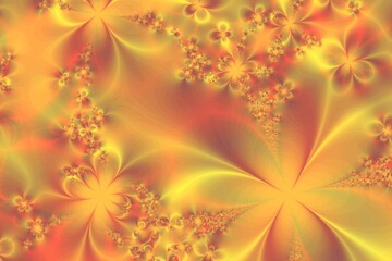Fototapeta na wymiar Delicate yellow pink summer background of fractal flowers of different sizes. The glowing magic of fractals.