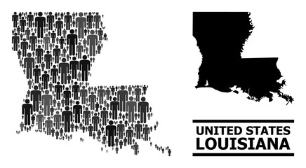 Map of Louisiana State for demographics doctrines. Vector demographics mosaic. Concept map of Louisiana State made of human items. Demographic concept in dark gray color variations.