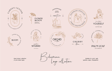 Hand drawn line art bohemian vector logo design template collection. Illustration of elegant signs and badges for beauty, natural cosmetics, spa and wellness, fashion, wedding.