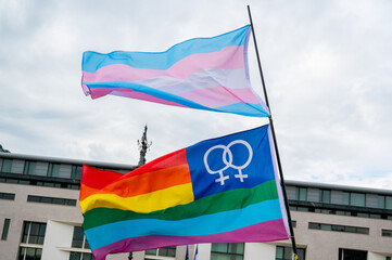 People stand up for the rights of transgender people in front of the brandenburger gate on the...