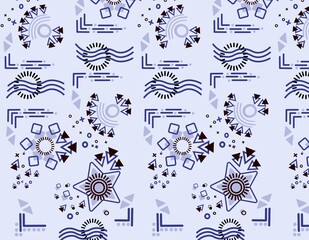 Doodle blue pen, geometric sketch pattern. Trendy elements. Abstract design background. Set triangle, circle, flower backdrop. Modern cover print for textile cloth. Wrapping paper. Vector illustration