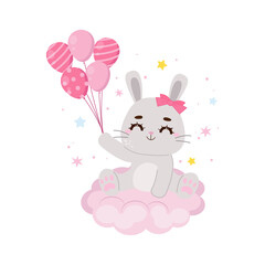 Cute baby bunny sit on a cloud and holding balloons. Flat vector cartoon design