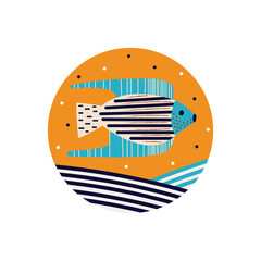 Vector illustration of a decorative composition with fish in a bright round composition. Poster, poster. For printing on fabric, paper, for nursery decor.