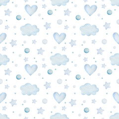 Watercolor seamless pattern consisting of clouds, hearts, bulbs, stars.