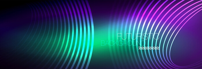 Dark abstract background with glowing neon circles. Trendy layout template for business or technology presentation, internet poster or web brochure cover, wallpaper