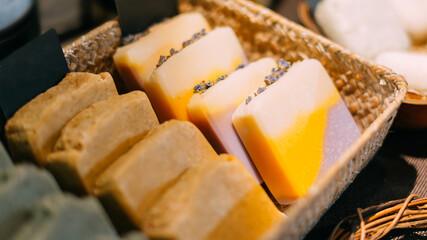 Handmade soap lies for sale in a store