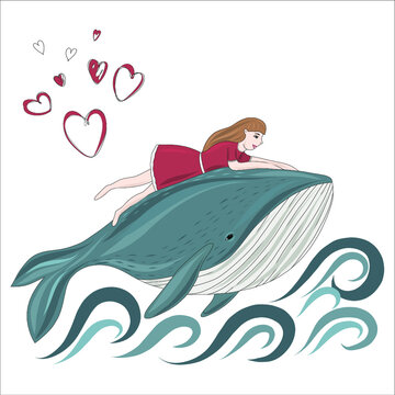 A cute girl rides a magic blue whale. Sweet Dreams. Vector illustration