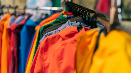 Multicolored rain jackets hang on hangers in the store