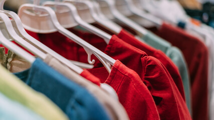 Multicolored cotton t-shirts hang on hangers in the store