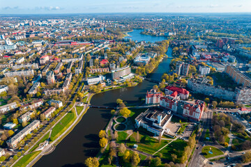 Aerial top view cityscape Kaliningrad Russia lower lake