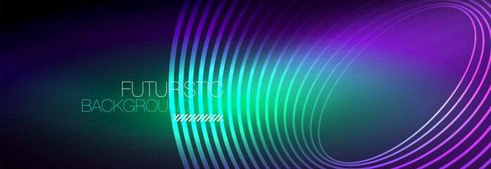 Dark abstract background with glowing neon circles. Trendy layout template for business or technology presentation, internet poster or web brochure cover, wallpaper
