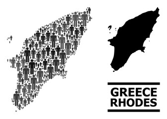 Map of Rhodes Island for demographics proclamations. Vector demographics abstraction. Abstraction map of Rhodes Island created of people icons. Demographic scheme in dark gray color hues.