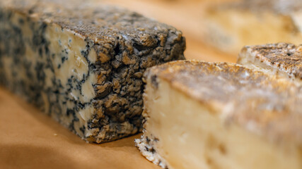 Handmade blue cheese chunks on the counter