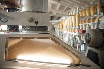 Modern electrical mill machinery for production of wheat flour. Equipment Factory Grain