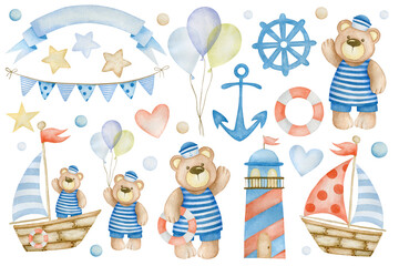 Watercolor set with teddy bear sailor, boat, stars, lifebuoy, balloons, anchor, lighthouse, flags isolated on white background.