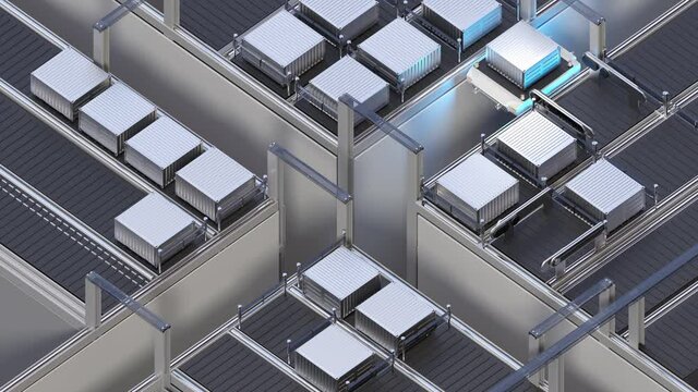 An artificial intelligence transport robot that moves goods in a warehouse. Smart Logistics Concept. 4k animation.