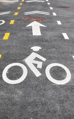 Asphalt bike lane in New York City, focus on the biker symbol, USA.