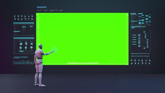 Artificial intelligence humanoid robot giving a presentation with user interface. green screen. 4k animation.