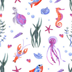 Watercolor sea animals background. Seamless underwater watercolor pattern with horse fish, crawfish and jellyfish. Cute sea backdrop.