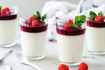 Vanilla panna cotta with raspberry served in a glass food photography