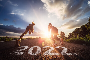 Starting to new year,The readiness of leaders, vision and new ideas are beginning in 2022.Concept of Stepping into the new world and Adopt for Success in 2022 for new life. - obrazy, fototapety, plakaty