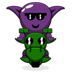 vector simple cartoon character purple goblin riding a motorcycle