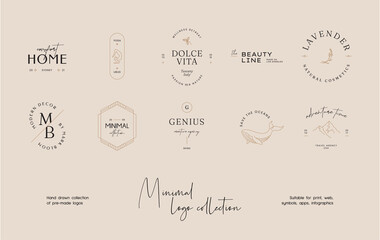 Hand drawn line art minimal vector logo design template collection. Illustration of elegant signs and badges for beauty, creative agency, cosmetics, spa and wellness, fashion, wedding, yoga centre.
