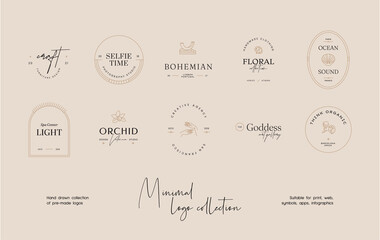 Hand drawn line art minimal vector logo design template collection. Illustration of elegant signs and badges for beauty, creative agency, cosmetics, spa and wellness, fashion, wedding, yoga centre.