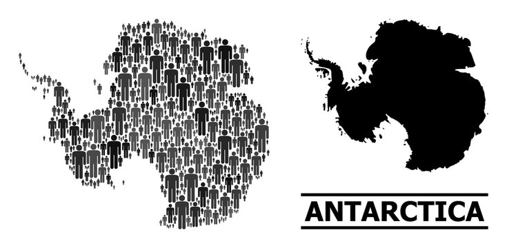 Map of Antarctica for demographics propaganda. Vector population abstraction. Abstraction map of Antarctica constructed of population elements. Demographic scheme in dark grey color variations.