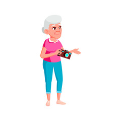 elderly woman photographing amazing view from mountain cartoon vector. elderly woman photographing amazing view from mountain character. isolated flat cartoon illustration