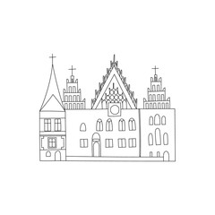 Vector line hand drawn illustration with The Old Town Hall. Wroclaw, Poland. Old town. Market Square. Gothic landmarks of the city
