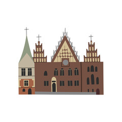 Vector color hand drawn illustration with The Old Town Hall. Wroclaw, Poland. Old town. Market Square. Gothic landmarks of the city