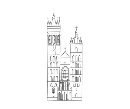 Vector line hand drawn illustration with Saint Mary Basilica. Krakow, Poland. Old town. Brick Gothic Roman Catholic church