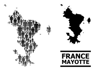 Fototapeta na wymiar Map of Mayotte Islands for social projects. Vector demographics abstraction. Concept map of Mayotte Islands made of guy pictograms. Demographic concept in dark gray color shades.