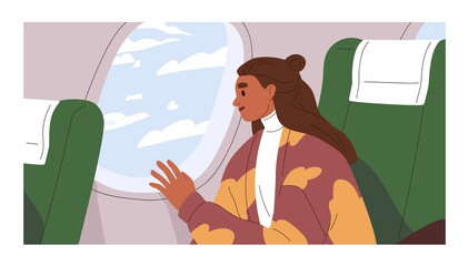 Passenger traveling by air plane, looking outside porthole at sky with clouds. Happy woman sitting by window in aircraft. Female tourist in airplane. Colored flat vector illustration of traveler © Good Studio