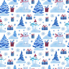 Fototapeta na wymiar Christmas time. Hand drawn watercolour seamless pattern isolated on white background. 