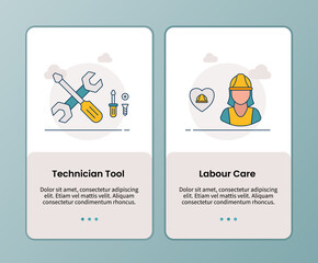 technician tool labour care campaign for onboarding mobile apps application banner template with filled color style