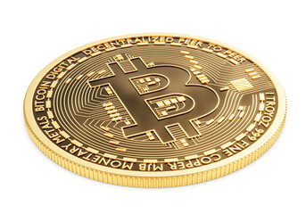 Golden coin with bitcoin symbol. Render 3D. Bitcoin. Cryptocurrency. Digital currency. Isolated on white background