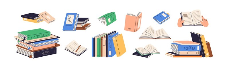 Stacks of books for reading, pile of textbooks for education. Set of literature, dictionaries, encyclopedias, planners with bookmarks. Colored flat vector illustration isolated on white background
